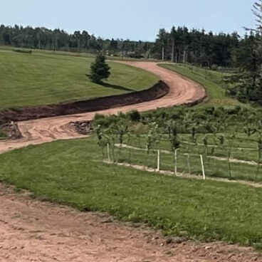 A view of the orchard's red laneway.